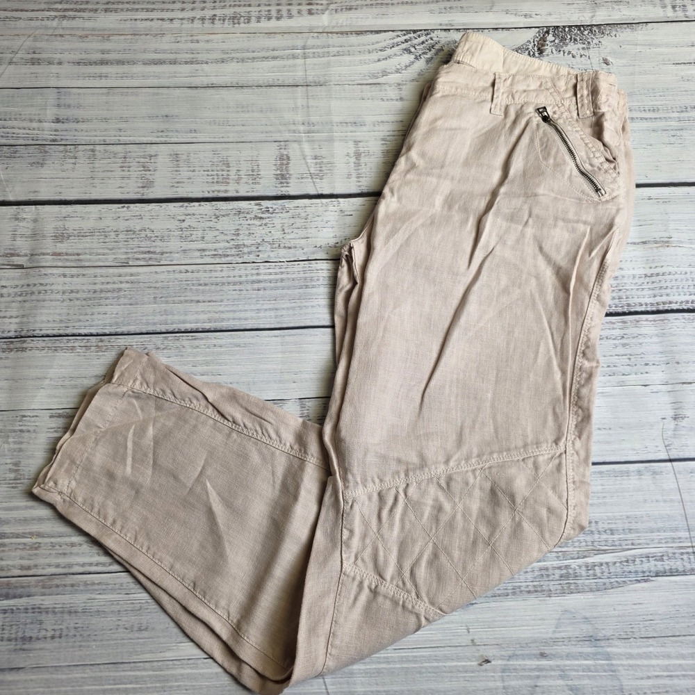 Wrap London 8 Linen Pants Beige High Rise Tapered Leg Quilted Knees Zip Pockets